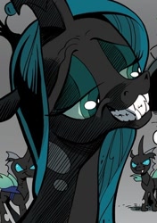 Size: 350x497 | Tagged: safe, idw, imported from derpibooru, queen chrysalis, changeling, changeling queen, the return of queen chrysalis, spoiler:comic, eyeshadow, fangs, female, grin, lidded eyes, makeup, smile of the devil, smiling, stupid sexy chrysalis, teeth