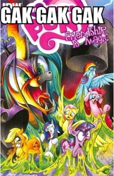 Size: 302x467 | Tagged: safe, artist:andypriceart, idw, imported from derpibooru, applejack, fluttershy, pinkie pie, queen chrysalis, rainbow dash, rarity, twilight sparkle, the return of queen chrysalis, gak, mane six, scared, slime, stuck