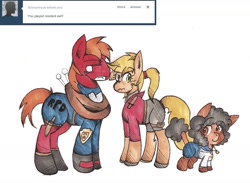 Size: 1280x937 | Tagged: safe, artist:wirelesspony, imported from derpibooru, applejack, big macintosh, oc, oc:rice paddy, earth pony, pony, ask lying applejack, ask, crossover, grimdark big mac, male, resident evil, stallion, tumblr