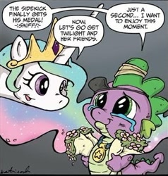 Size: 290x305 | Tagged: safe, artist:katiecandraw, idw, imported from derpibooru, princess celestia, spike, dragon, pony, spoiler:comic04, cute, cutelestia, eyepatch, female, male, mare