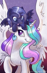 Size: 582x900 | Tagged: safe, artist:joieart, imported from derpibooru, princess celestia, princess luna, pony, cute, duo, female, filly, luna riding celestia, lunabetes, on head, ponies riding ponies, pony hat, riding, siblings, sisters, woona