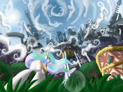 Size: 2000x1500 | Tagged: safe, artist:cgeta, imported from derpibooru, princess celestia, robot, butt, fisheye lens, grass, low angle, plot, scared, vertigo