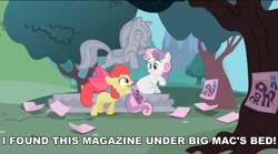 Size: 960x535 | Tagged: safe, edit, edited screencap, imported from derpibooru, screencap, apple bloom, sweetie belle, earth pony, pony, unicorn, sisterhooves social, caption, derp, faic, female, filly, flyer, image macro, implied big macintosh, implied porn, sihovi, statue, written equestrian