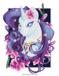 Size: 600x764 | Tagged: safe, artist:starkindlerstudio, imported from derpibooru, rarity, pony, unicorn, beautiful, date, element of generosity, female, flower, flower in hair, gem, mare, necklace, portrait, solo, text