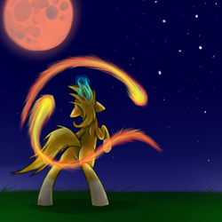 Size: 1000x1000 | Tagged: safe, artist:bingodingo, imported from derpibooru, oc, oc only, oc:firebug, bushfire moon, dancing, fire, firebug, harvest moon