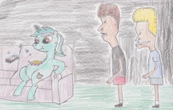 Size: 2891x1852 | Tagged: safe, artist:darkknightwolf2011, imported from derpibooru, lyra heartstrings, human, pony, unicorn, beavis, beavis and butthead, butthead, couch, crossover, food, meme, nachos, remote, sitting, sitting lyra, traditional art