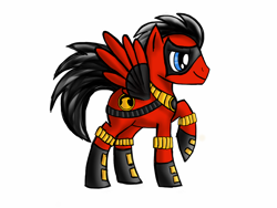 Size: 1024x768 | Tagged: safe, artist:icollectluck, imported from derpibooru, pegasus, pony, belt, boots, dc comics, domino mask, hoof boots, mask, ponified, red robin, robin