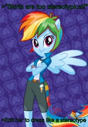 Size: 569x824 | Tagged: safe, edit, imported from derpibooru, rainbow dash, equestria girls, clothes, greentext, pants, ponied up, text