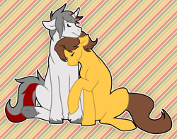 Size: 1249x981 | Tagged: safe, artist:bloodspill, imported from derpibooru, caramel, oc, oc:jade flare, canon x oc, cute, gay, male, neck nuzzle, nuzzling
