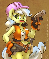 Size: 829x1000 | Tagged: safe, artist:atryl, imported from derpibooru, ambrosia, cindy block, anthro, earth pony, breasts, busty cindy block, cleavage, clothes, female, gloves, hammer, solo, tools