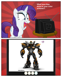 Size: 970x1200 | Tagged: safe, imported from derpibooru, rarity, beast hunters, bumblebee, bumblebee (transformers), exploitable meme, hashtag, hub logo, transformers, transformers prime, tv meme