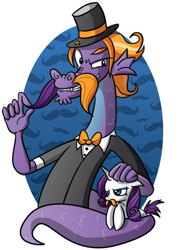 Size: 400x534 | Tagged: safe, artist:xkappax, imported from derpibooru, rarity, steven magnet, sea serpent, serpent, bowtie, hat, moustache, top hat