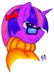 Size: 368x500 | Tagged: safe, artist:lunarlight-prism, imported from derpibooru, twilight sparkle, cartoon network, clothes, cosplay, costume, crossover, dressup, glasses, parody, ribbon, scooby doo, sweater, velma dinkley