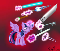 Size: 2600x2200 | Tagged: safe, artist:paulyt7, imported from derpibooru, twilight sparkle, alicorn, pony, bastard sword, buster sword, did somebody say thunderfury blessed blade of the windseeker?, disney, energy sword, energy weapon, female, final fantasy, final fantasy vii, frown, glare, glowing horn, halo (series), hax, hooves, horn, keyblade, kingdom hearts, levitation, lightsaber, magic, mare, master sword, solo, spread wings, star wars, sword, telekinesis, the legend of zelda, thunderfury, thunderfury blessed blade of the windseeker, twilight is not amused, twilight sparkle (alicorn), twilight sparkle is not amused, unamused, warcraft, weapon, wings, wooden sword, world of warcraft, you dun goofed