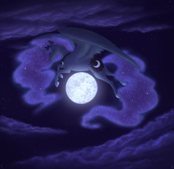 Size: 1024x990 | Tagged: safe, artist:min-mew, imported from derpibooru, princess luna, pony, eyes closed, female, flying, hoers, moon, night, solo