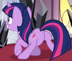 Size: 710x602 | Tagged: safe, imported from derpibooru, screencap, twilight sparkle, pony, unicorn, the crystal empire, butt, canterlot, cropped, crystal, dark crystal, featureless crotch, female, mare, plot, solo, twibutt, unicorn twilight, wat