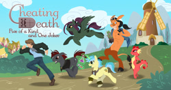 Size: 1229x650 | Tagged: safe, artist:wazaga, imported from derpibooru, oc, oc only, oc:shadow step, dragon, human, minotaur, pegasus, pony, unicorn, cheating death, cover art, fanfic, fanfic art, felix jackson, harvey stir