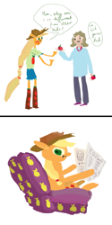 Size: 613x1227 | Tagged: safe, artist:cygaj, imported from derpibooru, applejack, human, equestria girls, apple, chair, newspaper, offspring