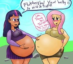 Size: 900x788 | Tagged: safe, artist:butlova, imported from derpibooru, fluttershy, twilight sparkle, human, dark skin, fat, humanized, obese, preggoshy, pregnant, shipping