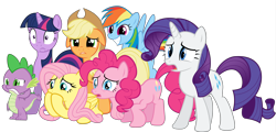 Size: 8124x3900 | Tagged: safe, artist:the-crusius, imported from derpibooru, applejack, fluttershy, pinkie pie, rainbow dash, rarity, spike, twilight sparkle, floppy ears, grin, mane seven, mane six, simple background, transparent background, varying degrees of want, vector