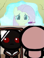 Size: 793x1053 | Tagged: safe, edit, imported from derpibooru, screencap, fluttershy, putting your hoof down, comparison, hub logo, inner demons, reflection, sad, the binding of isaac