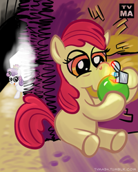 Size: 799x1000 | Tagged: safe, artist:1trick, imported from derpibooru, apple bloom, scootaloo, sweetie belle, apple, drugs, high, smoking
