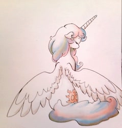 Size: 918x960 | Tagged: safe, artist:pouett-o-pouette, imported from derpibooru, princess celestia, pony, alternate hairstyle, back, cute, cutelestia, female, portrait, sitting, solo, traditional art