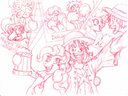 Size: 900x678 | Tagged: safe, artist:irie-mangastudios, imported from derpibooru, pinkie pie, cider, crossover, monkey d luffy, monkey d. luffy, one piece, photo