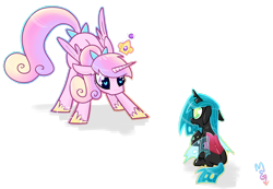 Size: 1074x744 | Tagged: safe, artist:meekcheep, imported from derpibooru, princess cadance, queen chrysalis, alicorn, changeling, changeling queen, nymph, pony, age regression, bow, cute, cutealis, cutedance, female, filly, filly queen chrysalis, foal, hair bow, heart eyes, signature, simple background, tail bow, teen princess cadance, teenager, time paradox, transparent background, wingding eyes, younger