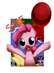 Size: 1200x1600 | Tagged: safe, artist:hoyeechun, imported from derpibooru, derpy hooves, pinkie pie, twilight sparkle, pegasus, pony, balloon, female, mare, smiling