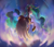Size: 2056x1772 | Tagged: safe, artist:dawnfire, imported from derpibooru, princess celestia, alicorn, pony, beautiful, colored pupils, epic, female, flying, frown, glare, glow, glowing, lidded eyes, mare, solo, sparkles, stars, sunrise, wing fluff