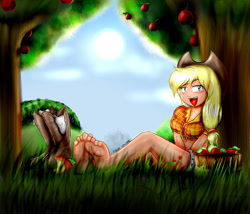 Size: 965x827 | Tagged: safe, artist:xptzstudios, imported from derpibooru, applejack, human, alternative cutie mark placement, apple, apple tree, applejack's hat, barefoot, bedroom eyes, boots, bucket, clothes, cowboy hat, daisy dukes, feet, female, food, foot fetish, grass, hat, humanized, open mouth, shoes, shorts, sitting, socks, soles, sweet apple acres, toes, tree