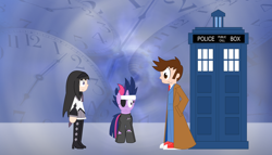 Size: 1024x585 | Tagged: safe, artist:sonic-chaos, imported from derpibooru, twilight sparkle, anime, crossover, david tennant, doctor who, future twilight, homura akemi, puella magi madoka magica, tardis, tenth doctor