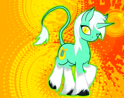 Size: 1408x1112 | Tagged: safe, artist:0particle, imported from derpibooru, lyra heartstrings, classical unicorn, pony, unicorn, abstract background, cloven hooves, female, leonine tail, lipstick, one eye closed, slit eyes, slit pupils, smiling, solo, unshorn fetlocks, wink