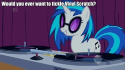 Size: 960x540 | Tagged: safe, edit, edited screencap, imported from derpibooru, screencap, dj pon-3, vinyl scratch, pony, unicorn, caption, ei, hub logo, image macro, question, roflbot, tickle challenge