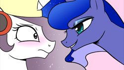 Size: 1920x1080 | Tagged: safe, artist:johnjoseco, imported from derpibooru, princess celestia, princess luna, princess molestia, bedroom eyes, blushing, gamer molly, hat, lunaughty, lusty luna