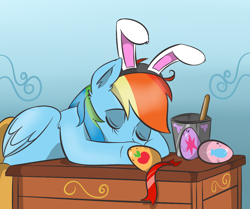 Size: 800x670 | Tagged: safe, artist:pijinpyon, imported from derpibooru, applejack, pinkie pie, rainbow dash, twilight sparkle, bunny ears, easter, easter egg, egg, paint, paintbrush, sleeping