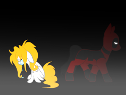 Size: 1024x768 | Tagged: safe, artist:thamutt, imported from derpibooru, oc, oc:frolic, pegasus, pony, blank flank, crying, deadpool, deadpool is best pony, eyes closed, floppy ears, frown, ponified, sad, sitting