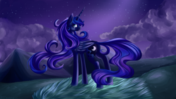 Size: 3472x1953 | Tagged: safe, artist:weird--fish, imported from derpibooru, princess luna, pony, cloud, cloudy, crying, female, missing accessory, night, sad, solo