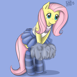 Size: 800x800 | Tagged: safe, artist:pijinpyon, imported from derpibooru, fluttershy, pony, bipedal, cheerleader, cheerleader fluttershy, clothes, female, pom pom, socks, solo, striped socks