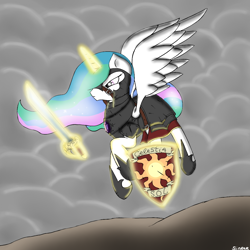 Size: 1280x1280 | Tagged: safe, artist:sinrar, imported from derpibooru, princess celestia, pony, armor, female, flying, fog, shield, solo, sword, warrior celestia