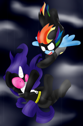 Size: 1895x2850 | Tagged: safe, artist:blackbewhite2k7, imported from derpibooru, rainbow dash, rarity, pegasus, pony, unicorn, batman, batmare, catmare, catwoman, duo, falling, female, flying, mare, reaching