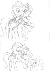 Size: 751x1063 | Tagged: dead source, safe, artist:enigmaticfrustration, imported from derpibooru, diamond tiara, trixie, earth pony, pony, unicorn, age difference, diamondtrix, female, lesbian, monochrome, shipping, sketch, trixiara