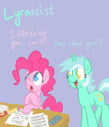 Size: 600x700 | Tagged: safe, artist:atlur, deleted from derpibooru, imported from derpibooru, lyra heartstrings, pinkie pie, april fools, bonafied, bonpun, pun