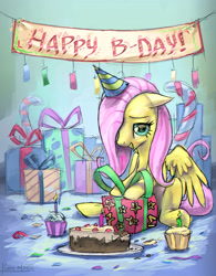 Size: 2000x2560 | Tagged: safe, artist:ruffu, imported from derpibooru, fluttershy, pony, cake, cupcake, happy birthday, hat, party hat, present