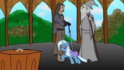 Size: 1366x774 | Tagged: safe, artist:anonimounanime, imported from derpibooru, trixie, aragorn, crossover, gandalf, lord of the rings