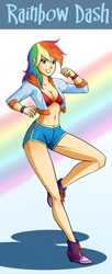 Size: 362x885 | Tagged: safe, artist:accessworld, edit, imported from derpibooru, rainbow dash, human, belly button, bra, cleavage, clothes, female, humanized, midriff, underwear