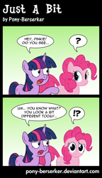 Size: 5000x8704 | Tagged: safe, artist:pony-berserker, imported from derpibooru, pinkie pie, twilight sparkle, earth pony, pony, unicorn, comic:just a bit, 2013, absurd resolution, alternate style, asking, comic, confused, dialogue, duo, duo female, english, exclamation point, female, floppy ears, frown, gradient background, inkscape, interrobang, lidded eyes, looking at each other, looking at you, mare, pointing, ponyscape, question mark, raised hoof, raised leg, speech bubble, standing, talking, thinking, unicorn twilight, vector, wondering