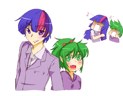 Size: 1593x1246 | Tagged: safe, artist:applestems, imported from derpibooru, spike, twilight sparkle, barb, dusk shine, humanized, rule 63