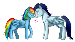 Size: 1851x1028 | Tagged: safe, artist:toastiepony, imported from derpibooru, rainbow dash, soarin', eyes closed, female, heart, male, shipping, soarindash, straight